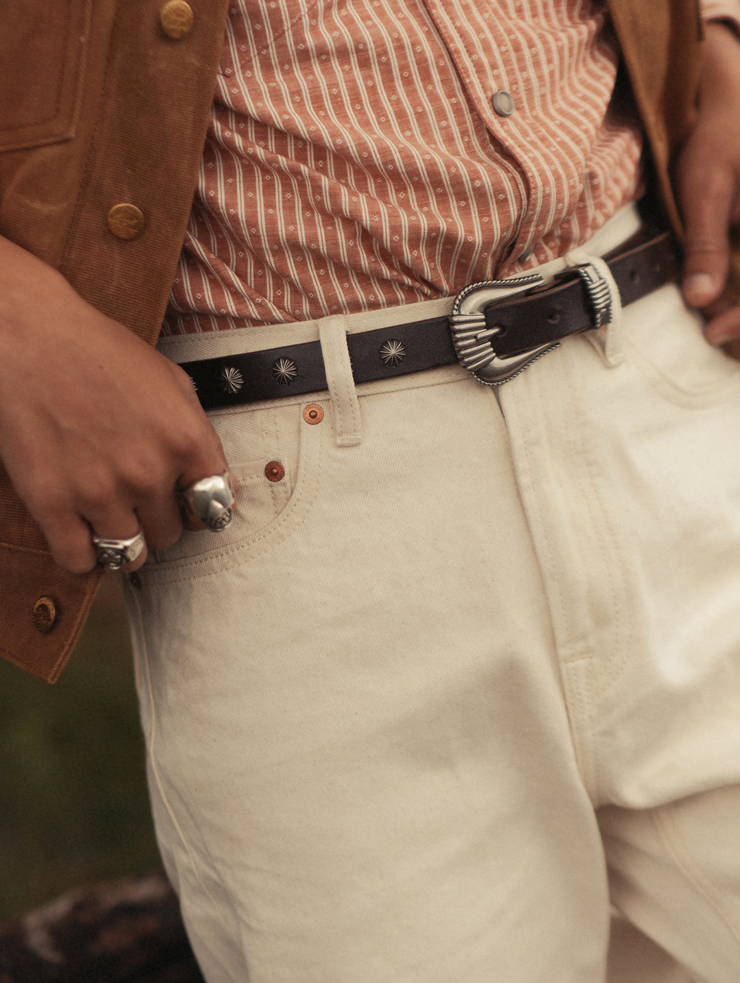 Western Rivet Belt with Engraved Braided-Pattern Alloy Buckle-Dark Brown