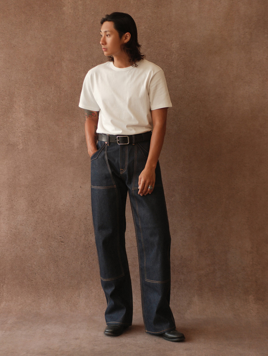 Double-kasuri slub double-knee lumber denim jeans