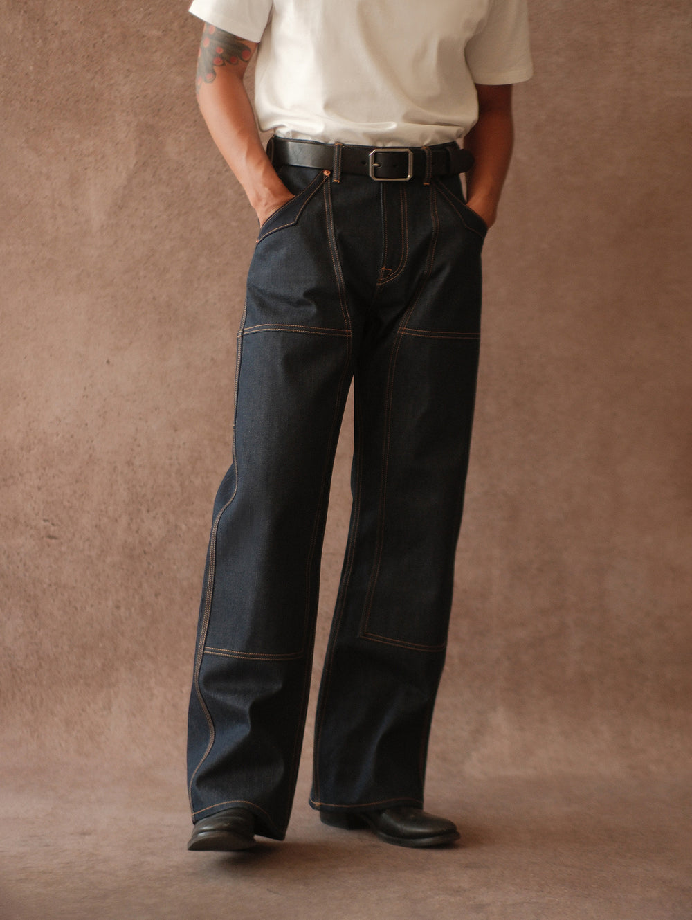 Double-kasuri slub double-knee lumber denim jeans