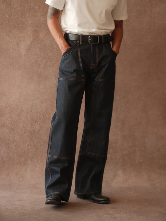 Double-kasuri slub double-knee lumber denim jeans