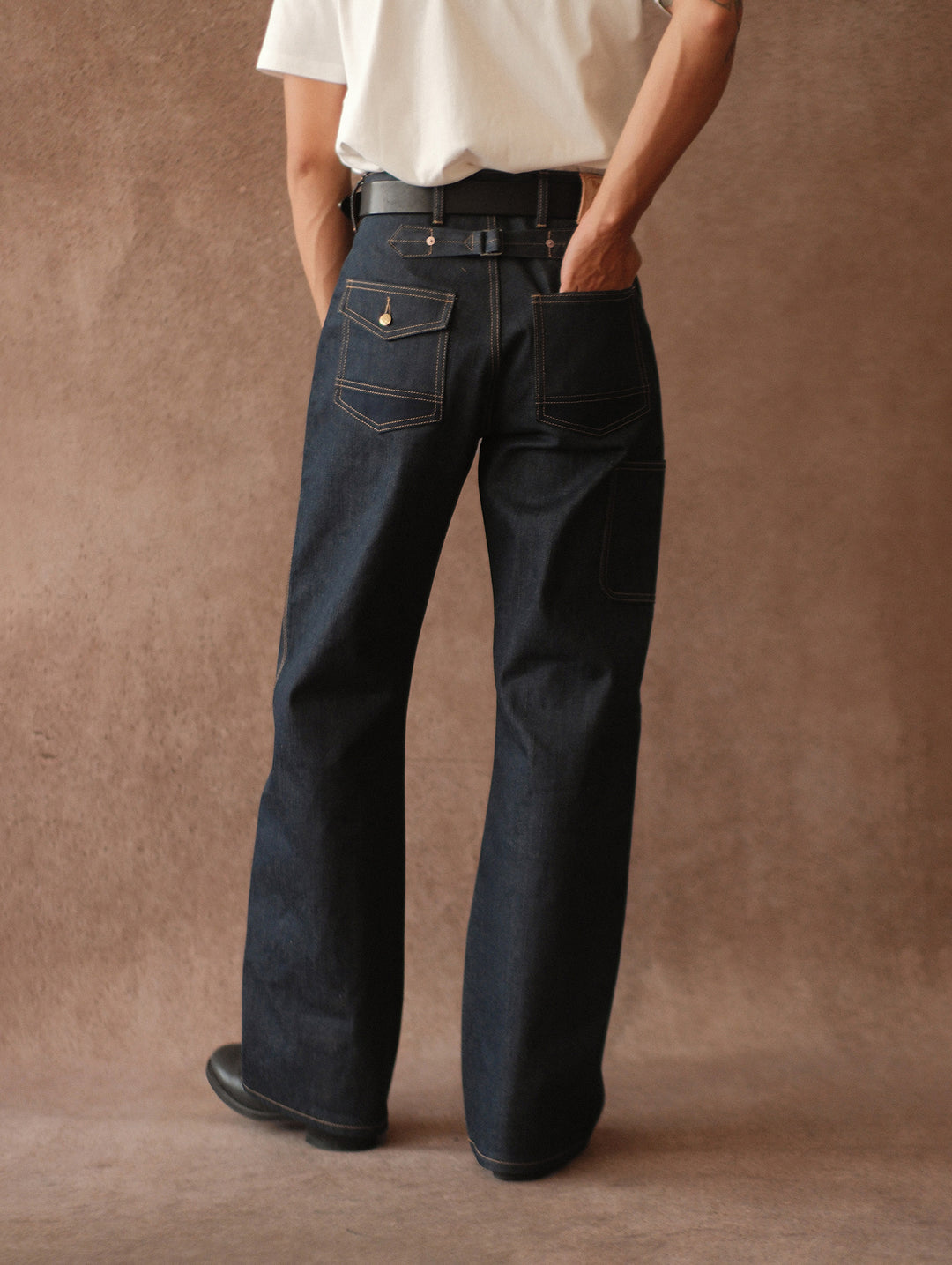 Double-kasuri slub double-knee lumber denim jeans