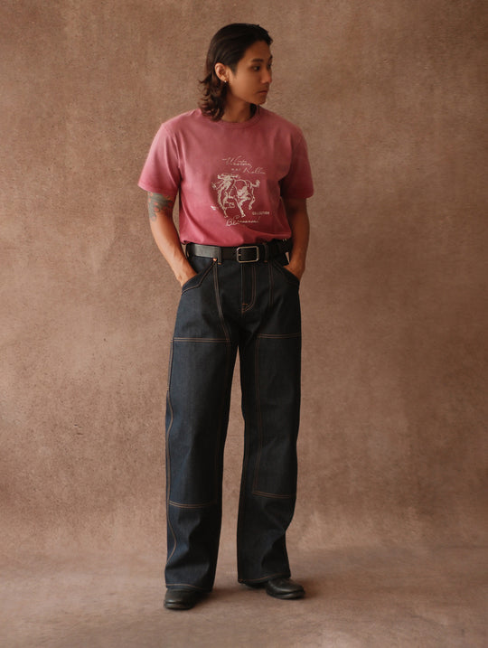 Double-kasuri slub double-knee lumber denim jeans