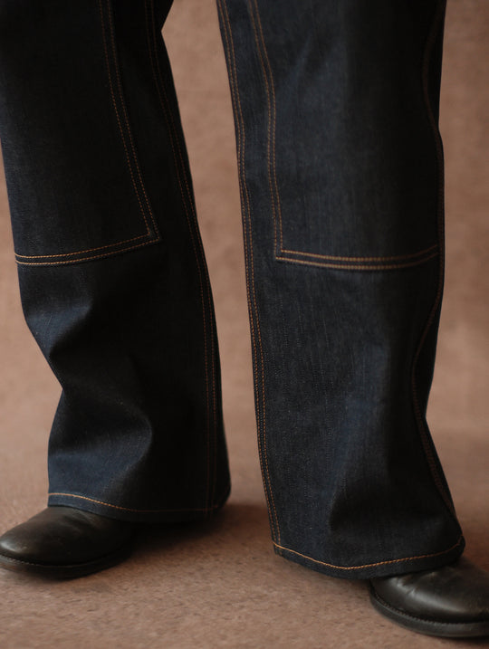 Double-kasuri slub double-knee lumber denim jeans