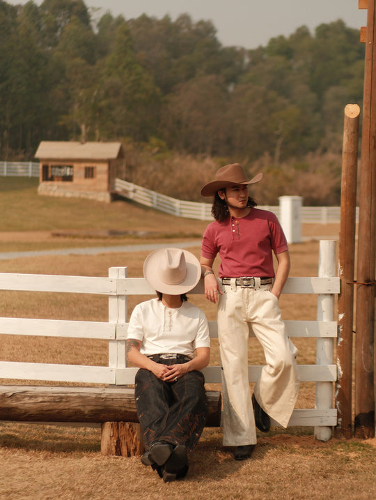 Western Series Floral Embroidered Henley T-shirt-White