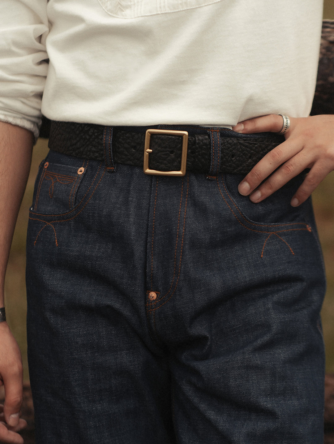 Brass Pin-Buckle Bison-Embossed Leather Belt-Square Buckle