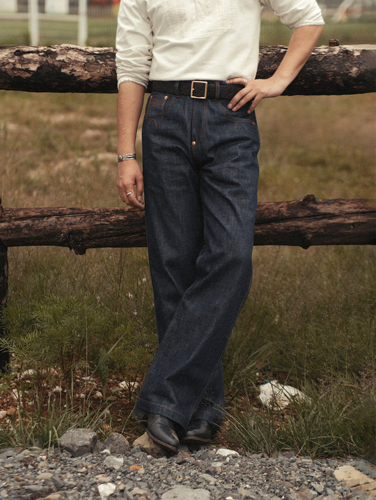 Western Series 14.9oz Houndstooth-Lined Selvedge Denim Wide-Leg jeans