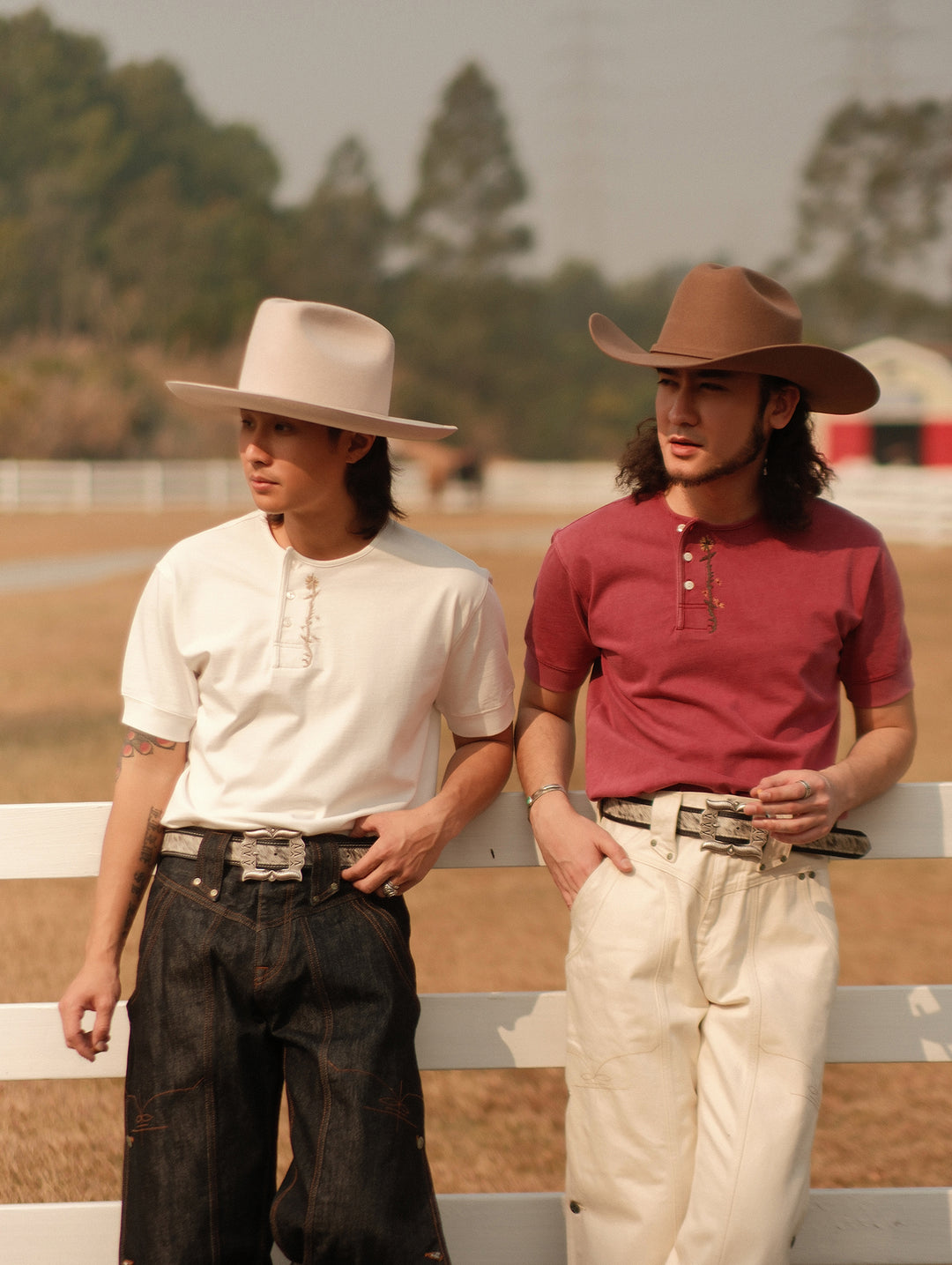 Western Series Floral Embroidered Henley T-shirt-White
