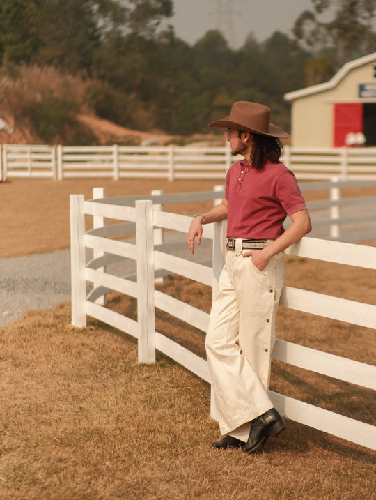 Western Series Floral Embroidered Henley T-shirt-Sun-faded Red