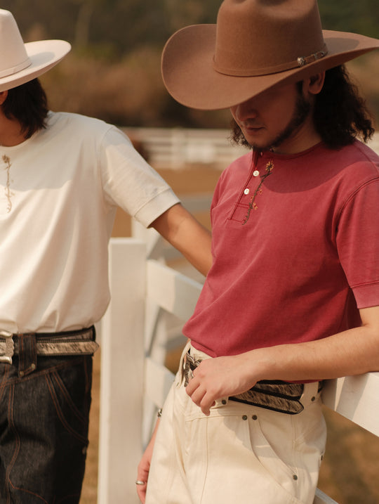 Western Series Floral Embroidered Henley T-shirt-Sun-faded Red