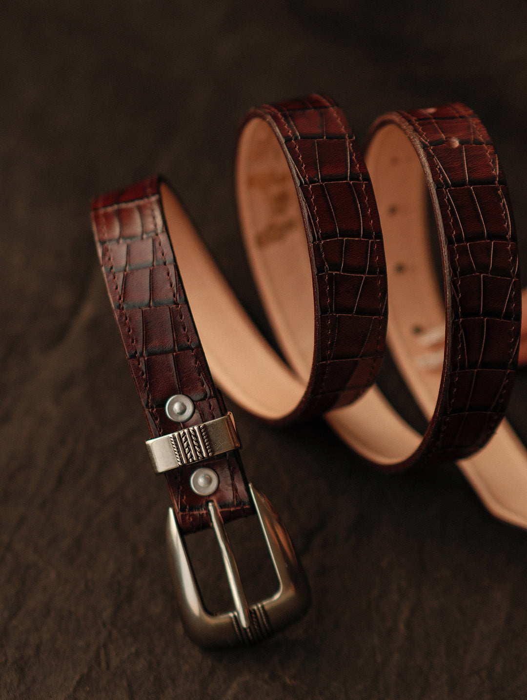 Crocodile-embossed Bamboo Knot Pattern Belt With Horsebit Buckle-Brown
