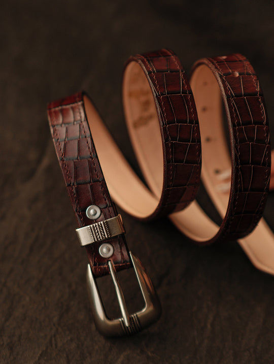 Crocodile-embossed Bamboo Knot Pattern Belt With Horsebit Buckle-Brown