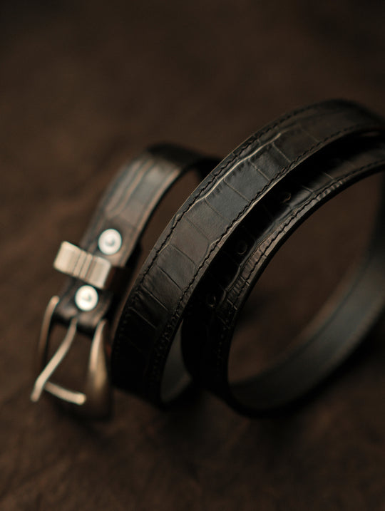 Crocodile-embossed Bamboo Knot Pattern Belt With Horsebit Buckle-Black