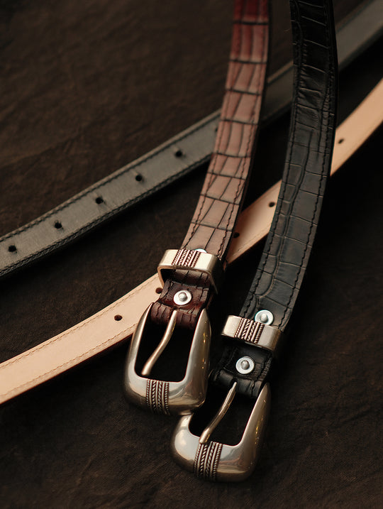 Crocodile-embossed Bamboo Knot Pattern Belt With Horsebit Buckle-Black
