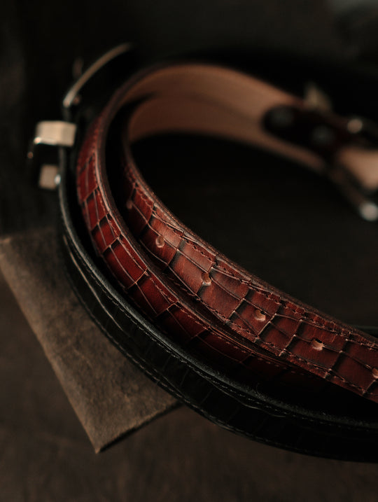 Crocodile-embossed Bamboo Knot Pattern Belt With Horsebit Buckle-Black