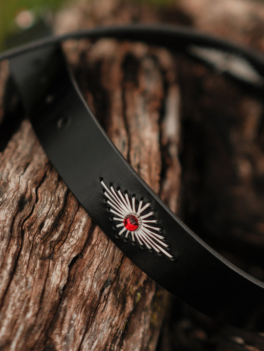 Hand-Stitched Diamond-Pattern Studded Waxed Leather Belt-Red Crystal Studs