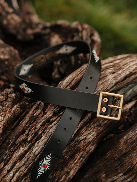 Hand-Stitched Diamond-Pattern Studded Waxed Leather Belt-Red Crystal Studs