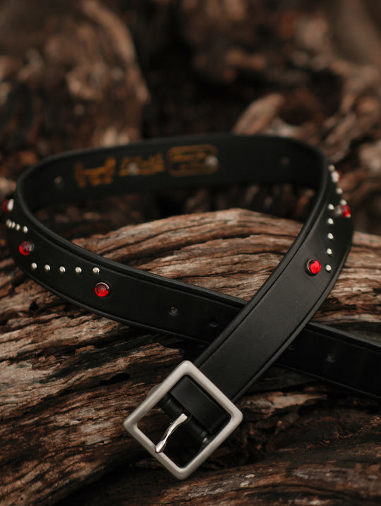Edge-Embossed Full-Grain Leather Studded Belt-Red