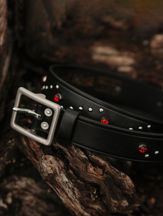 Edge-Embossed Full-Grain Leather Studded Belt-Red