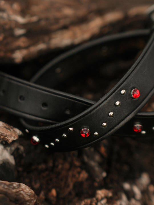 Edge-Embossed Full-Grain Leather Studded Belt-Red