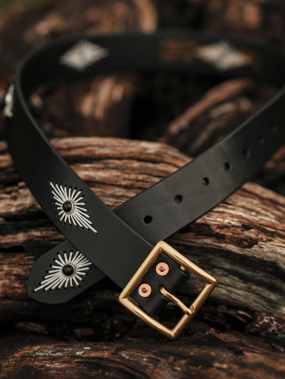 Hand-Stitched Diamond-Pattern Studded Waxed Leather Belt-Black Crystal Studs