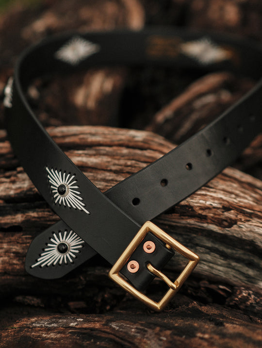 Hand-Stitched Diamond-Pattern Studded Waxed Leather Belt-Black Crystal Studs