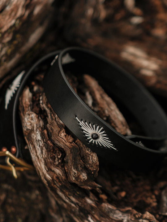 Hand-Stitched Diamond-Pattern Studded Waxed Leather Belt-Black Crystal Studs