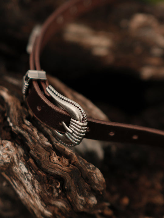 Western Rivet Belt with Engraved Braided-Pattern Alloy Buckle-Dark Brown