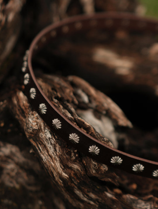 Western Rivet Belt with Engraved Braided-Pattern Alloy Buckle-Dark Brown
