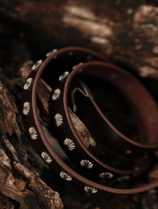 Western Rivet Belt with Engraved Braided-Pattern Alloy Buckle-Dark Brown