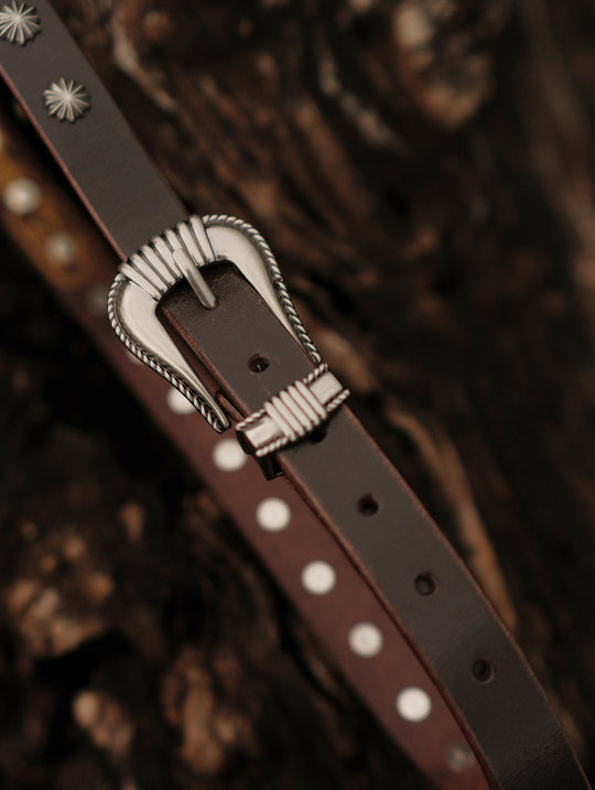 Western Rivet Belt with Engraved Braided-Pattern Alloy Buckle-Dark Brown