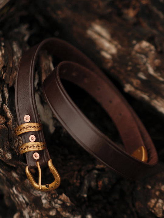 Western-Engraved Stainless Steel Buckle Leather Belt-Brown