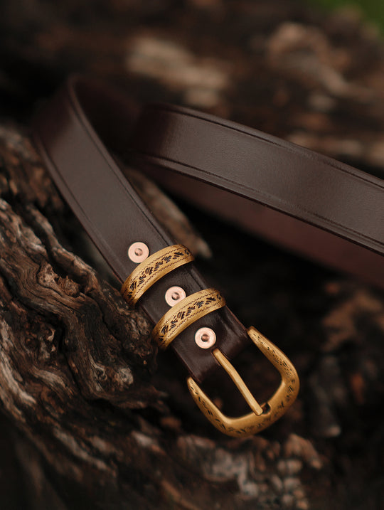 Western-Engraved Stainless Steel Buckle Leather Belt-Brown