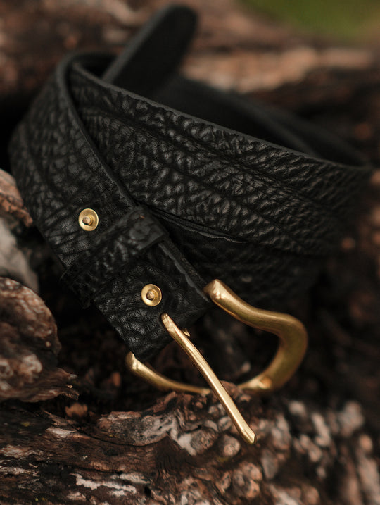 Brass Pin-Buckle Bison-Embossed Leather Belt-Curved Buckle
