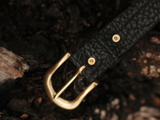Brass Pin-Buckle Bison-Embossed Leather Belt-Curved Buckle