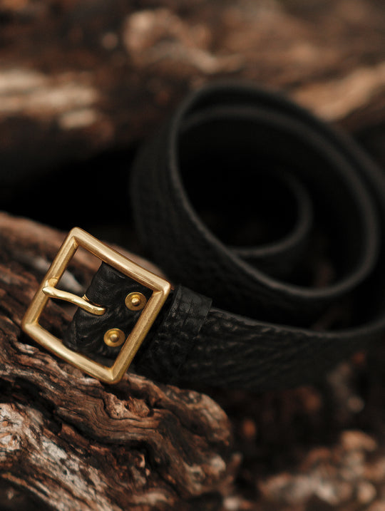 Brass Pin-Buckle Bison-Embossed Leather Belt-Square Buckle