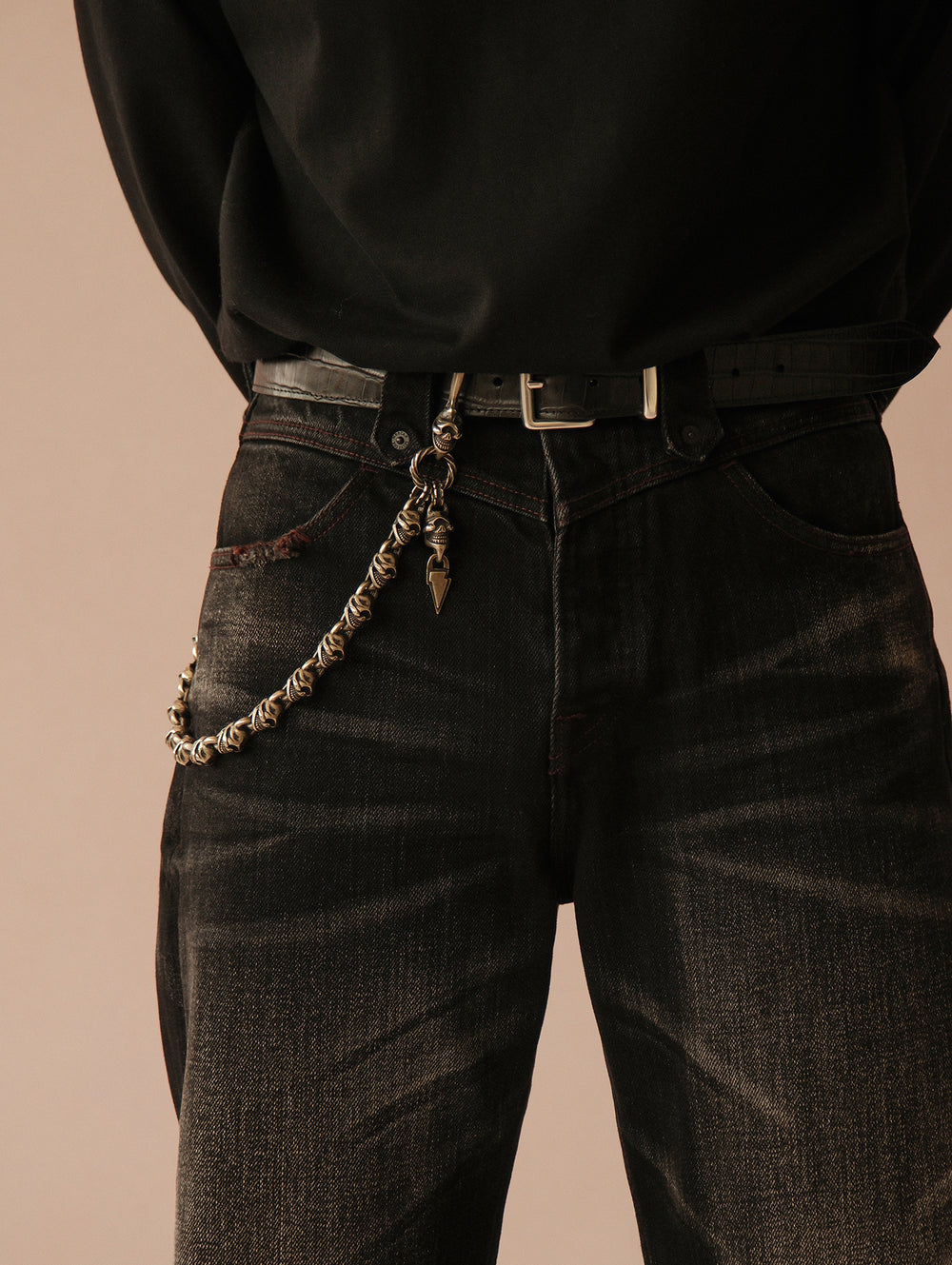 Alligator Bamboo-joint Patterned Embossed Square Buckle Belt-Black