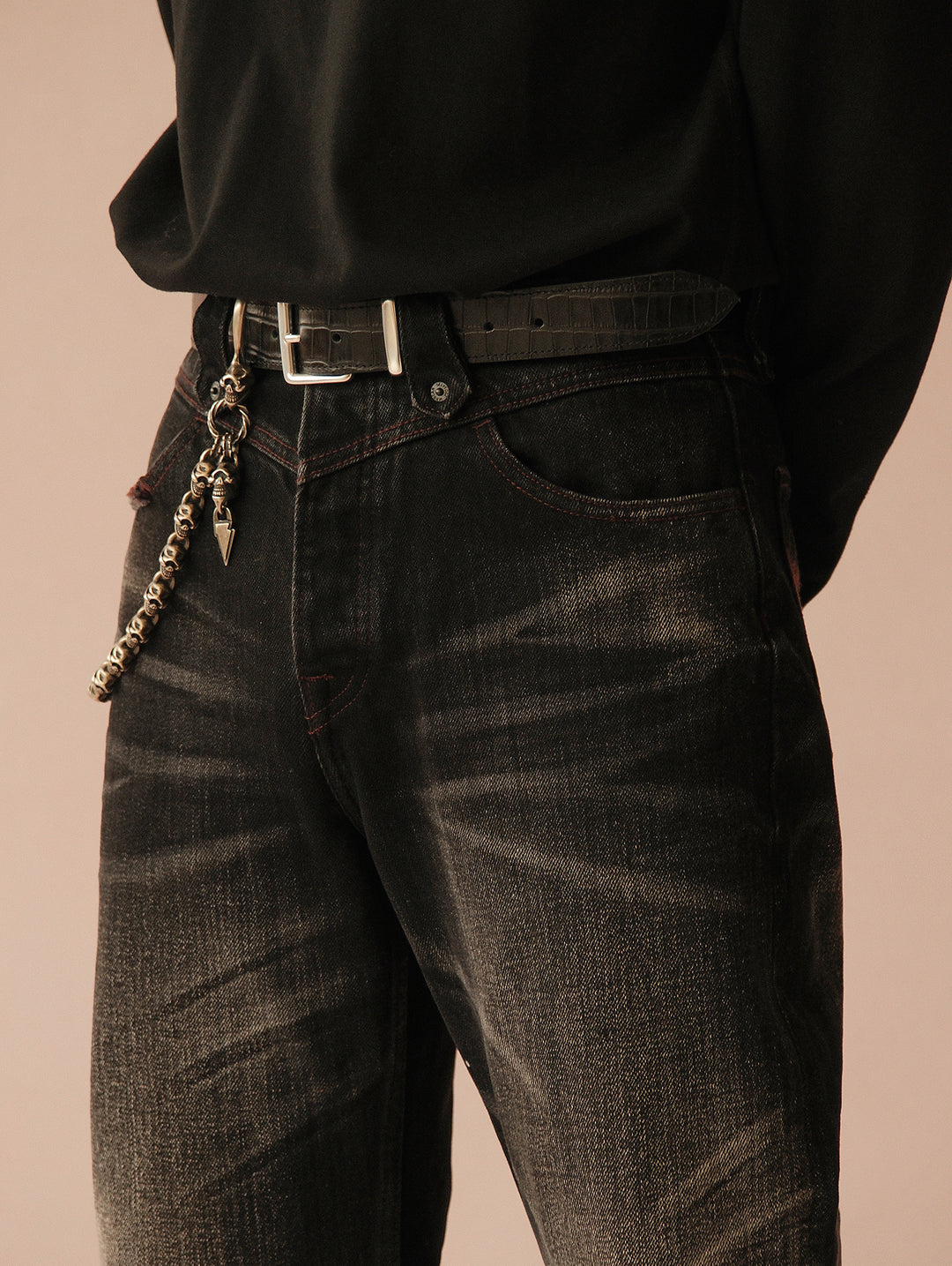 Alligator Bamboo-joint Patterned Embossed Square Buckle Belt-Black