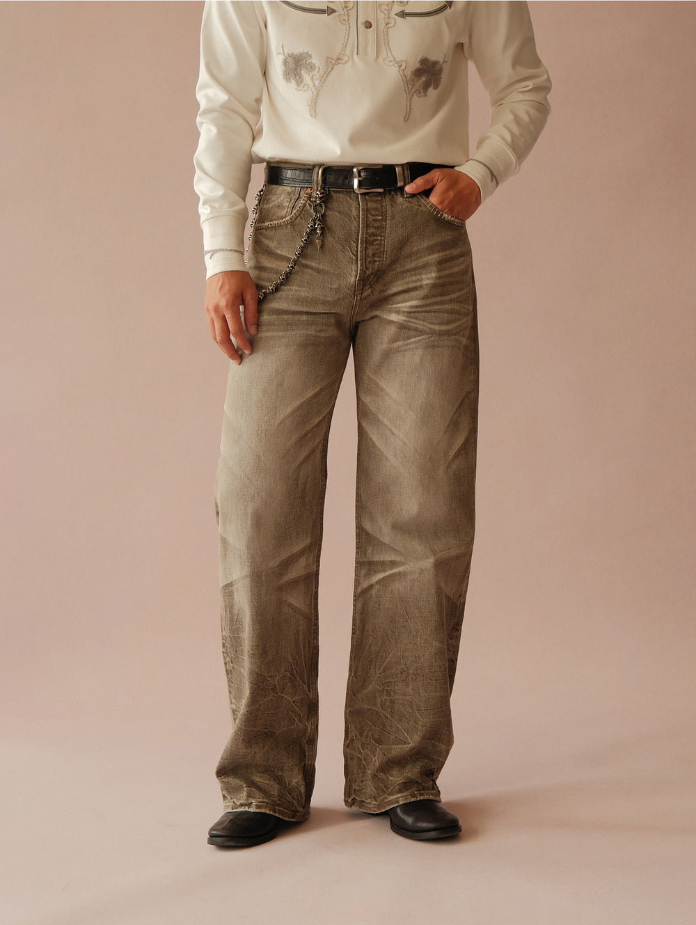 Snakepit 3D Tucked Wide-Leg Washed Denim Jeans