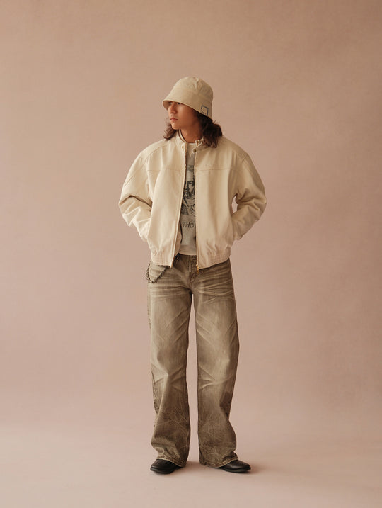 Motorcycle-Style White Denim Harrington Jacket