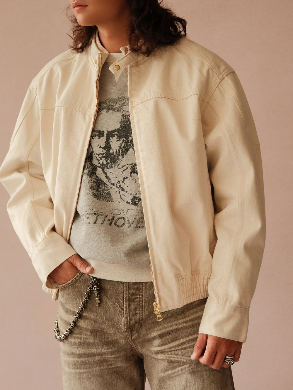Motorcycle-Style White Denim Harrington Jacket