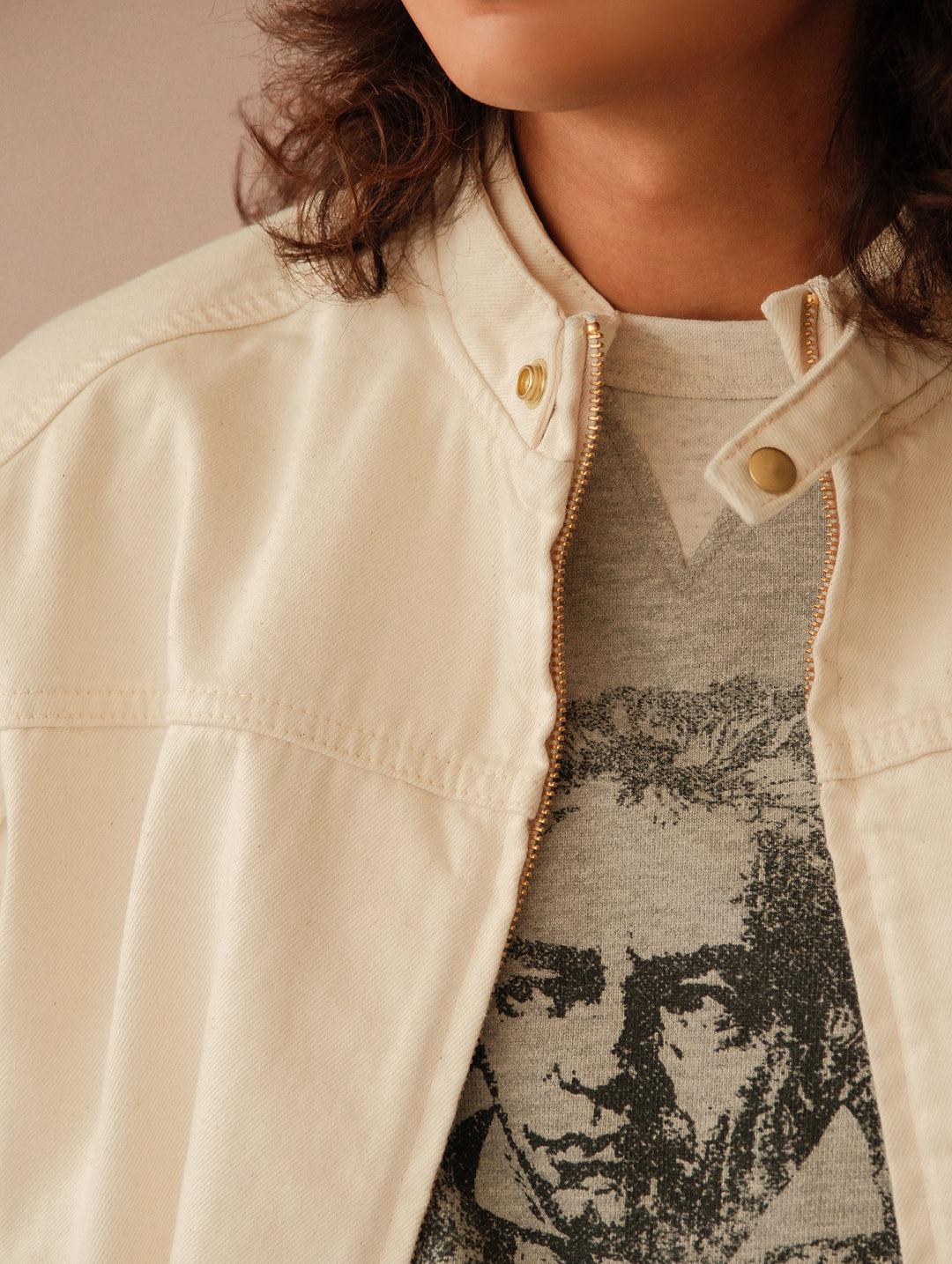 Motorcycle-Style White Denim Harrington Jacket