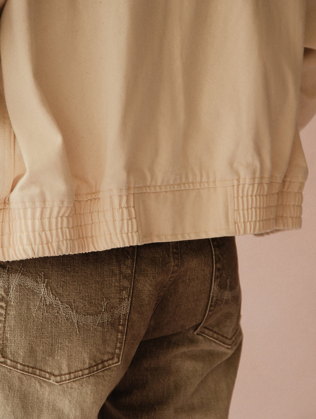 Motorcycle-Style White Denim Harrington Jacket