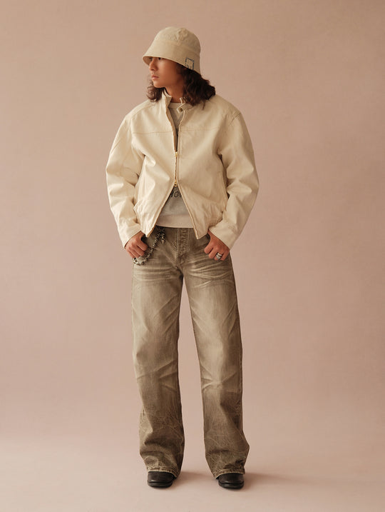 Motorcycle-Style White Denim Harrington Jacket