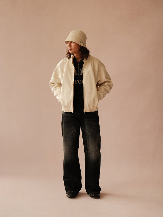 Motorcycle-Style White Denim Harrington Jacket