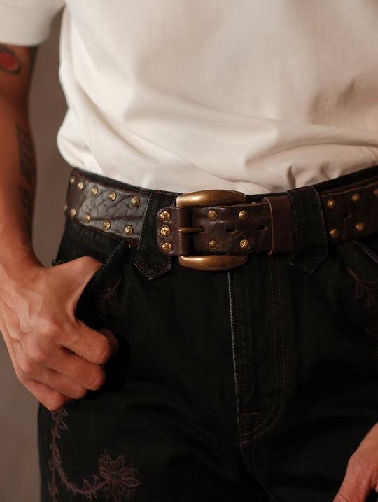 Bison-Grain Leather Cavalry Belt-Dark Brown