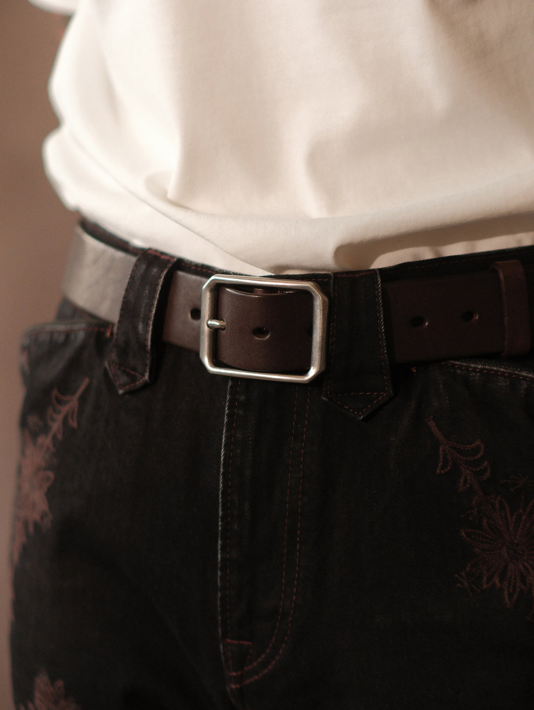 Vintage Octagonal Steel Pin Buckle Leather Belt-Dark Brown