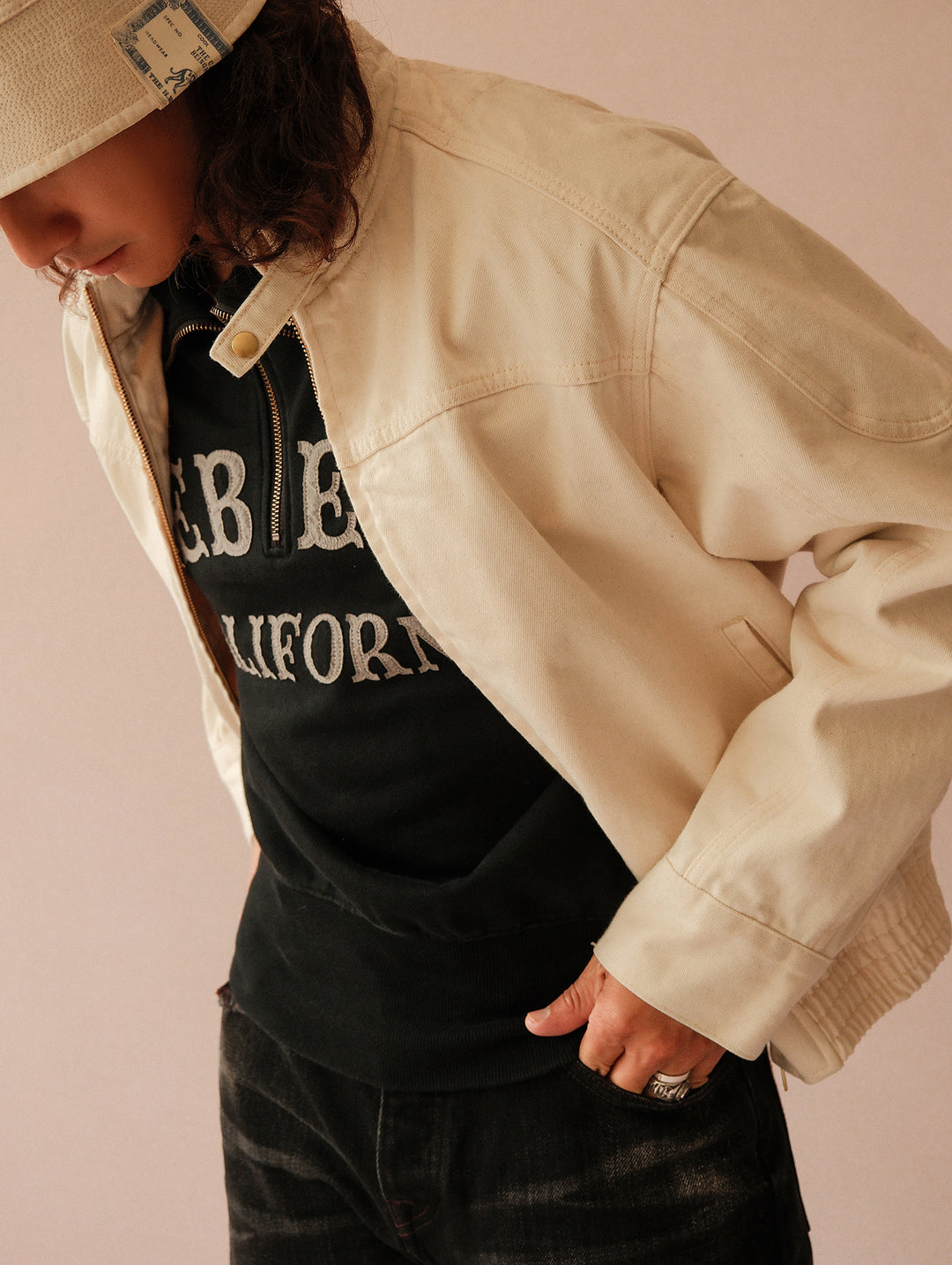 Motorcycle-Style White Denim Harrington Jacket
