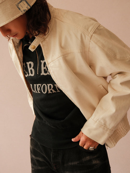 Motorcycle-Style White Denim Harrington Jacket