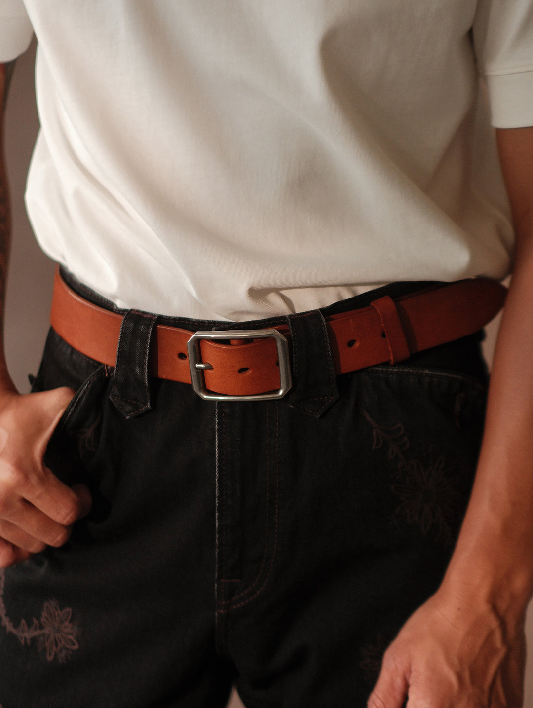 Vintage Octagonal Steel Pin Buckle Leather Belt-Tan Brown