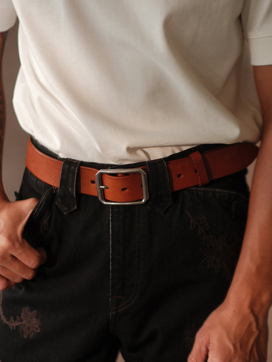 Vintage Octagonal Steel Pin Buckle Leather Belt-Tan Brown